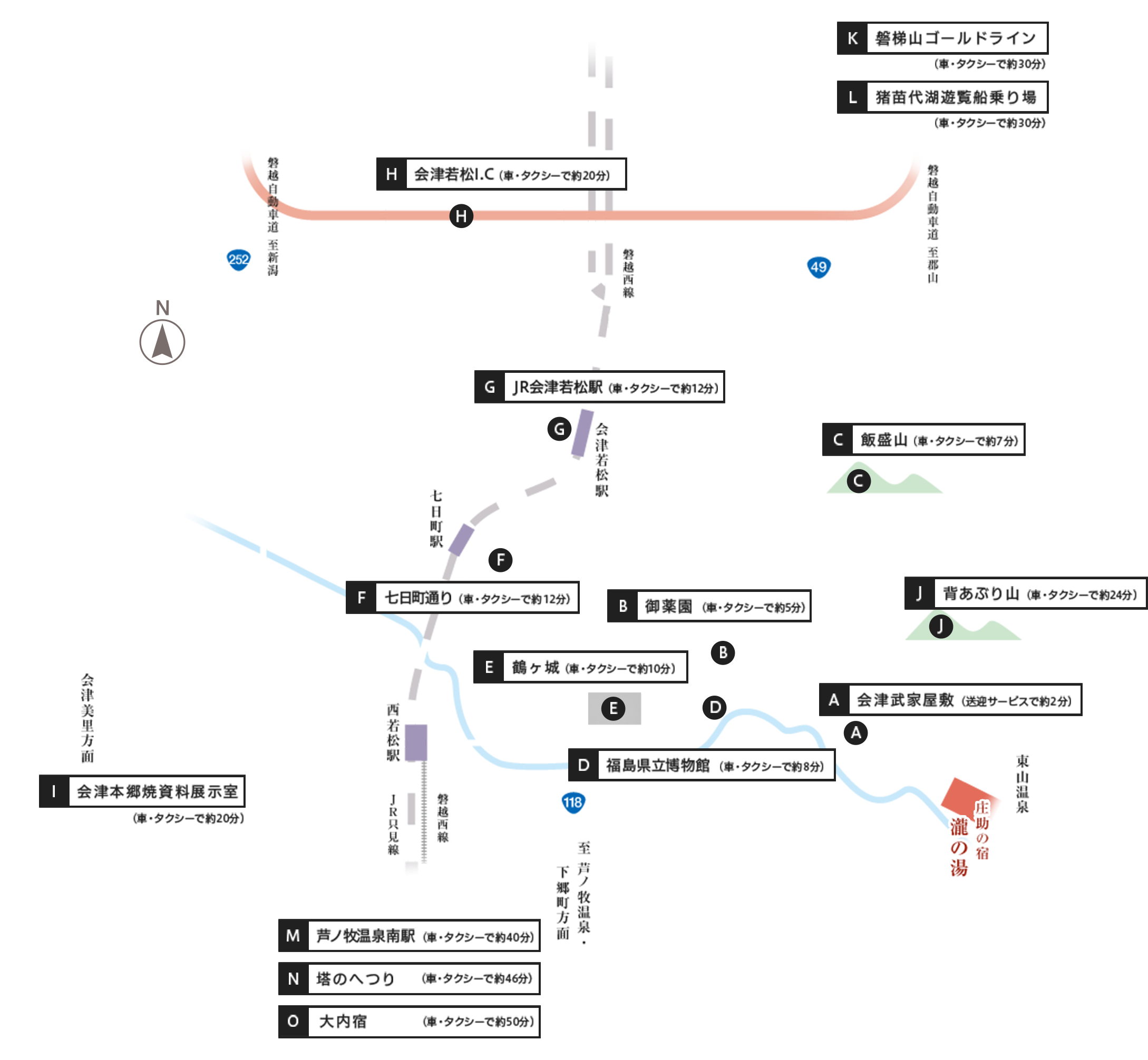 [図]「庄助の宿　瀧の湯」周辺の観光マップ